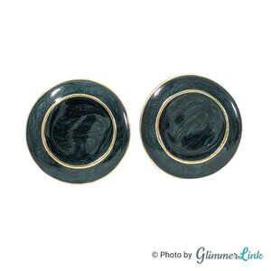Vintage 80s Dark Green Enamel Swirl Circle Gold Tone Clip On Earrings